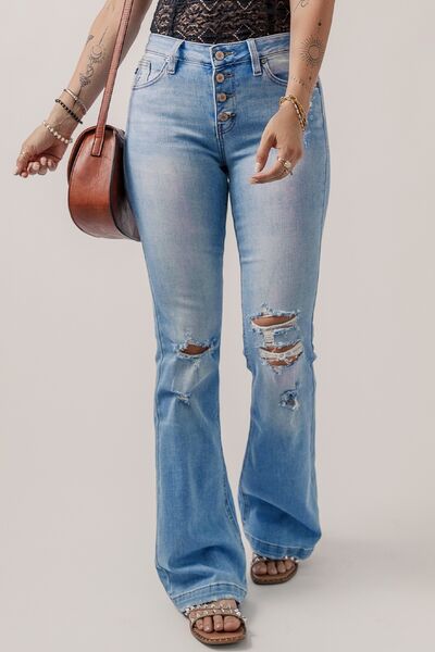 Blue Zone Planet |  Button-Fly Distressed Flare Jeans BLUE ZONE PLANET