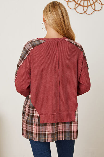 Blue Zone Planet |  Plaid Round Neck Dropped Shoulder Sweatshirt BLUE ZONE PLANET