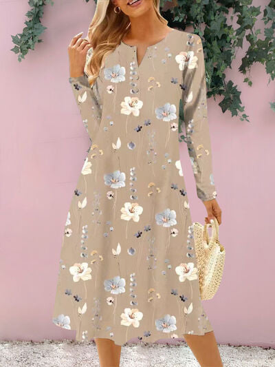 Floral Notched Long Sleeve Midi Dress BLUE ZONE PLANET