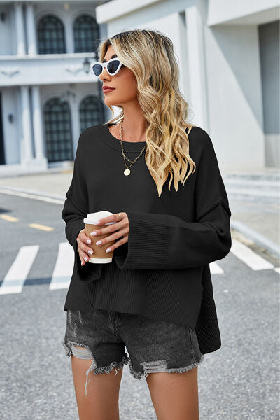 High-Low Slit Round Neck Long Sleeve Sweater BLUE ZONE PLANET