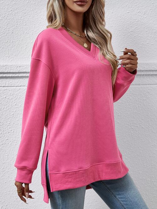 V-Neck Slit Long Sleeve Sweatshirt BLUE ZONE PLANET