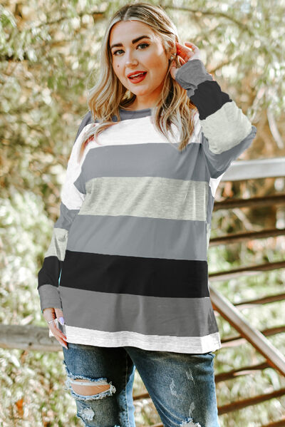 Plus Size Striped Slit Long Sleeve T-Shirt BLUE ZONE PLANET