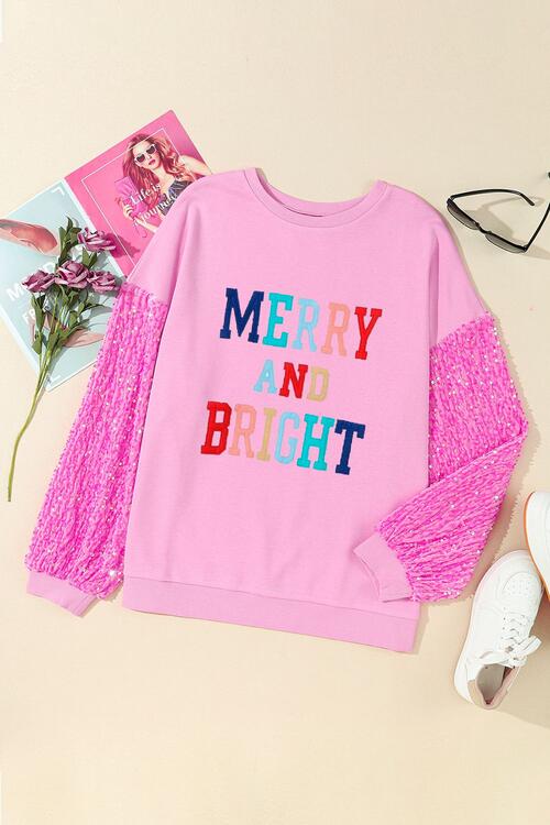 MERRY AND BRIGHT Sequin Long Sleeve Sweatshirt BLUE ZONE PLANET