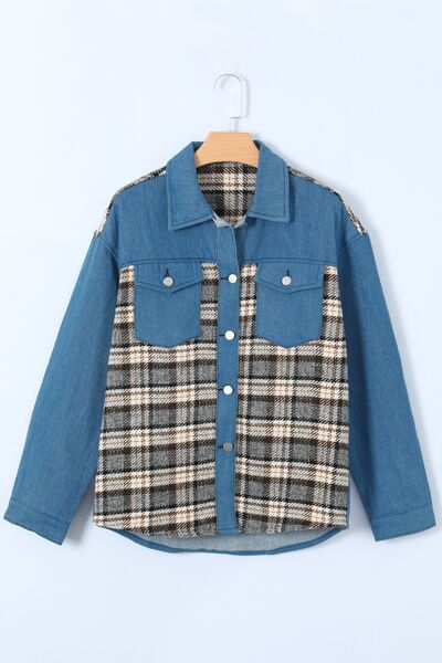 Blue Zone Planet |  Plaid Pocketed Button Up Denim Jacket BLUE ZONE PLANET