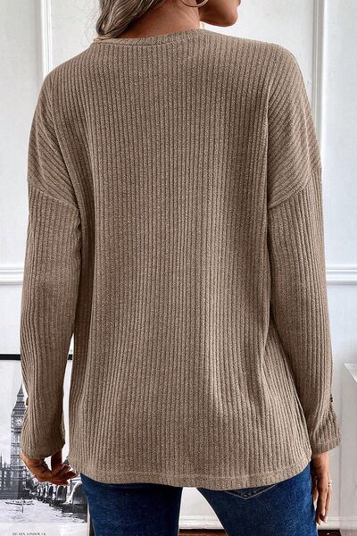 Ribbed Half Button Long Sleeve Knit Top BLUE ZONE PLANET