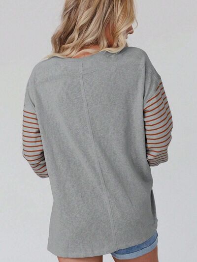 Round Neck Striped Long Sleeve Slit T-Shirt BLUE ZONE PLANET