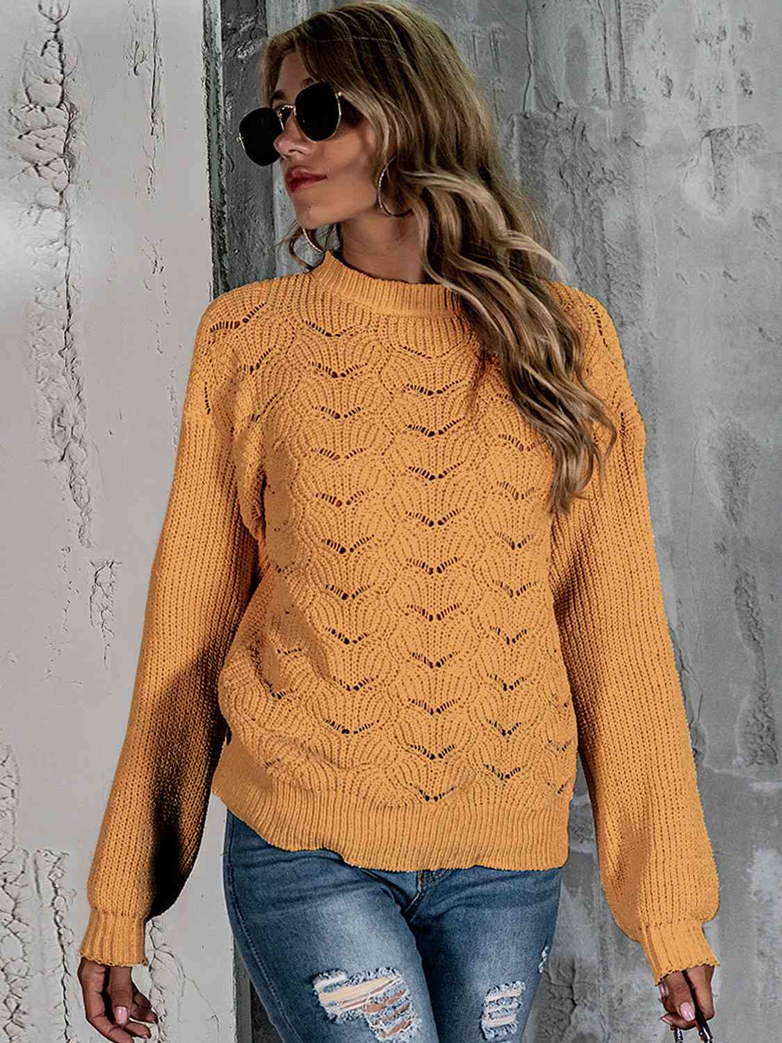 Openwork Mock Neck Long Sleeve Sweater BLUE ZONE PLANET