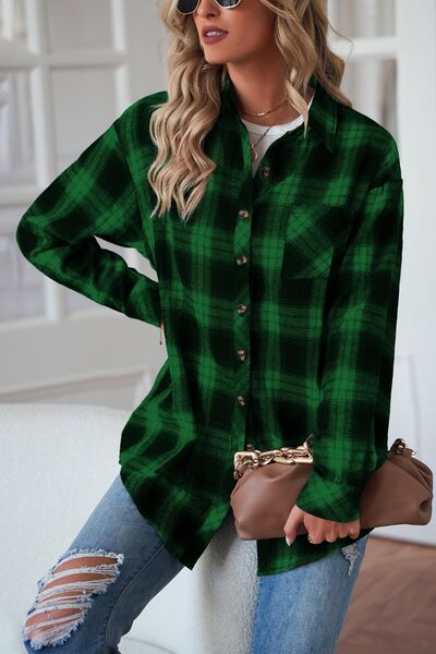 Plaid Button Up Dropped Shoulder Outerwear BLUE ZONE PLANET