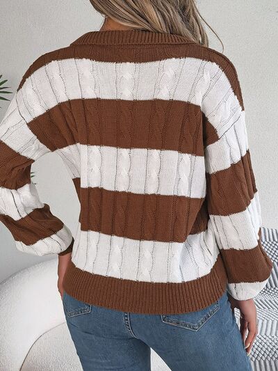 Cable-Knit Striped Long Sleeve Sweater BLUE ZONE PLANET