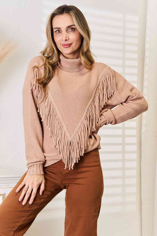 Woven Right Turtleneck Fringe Front Long Sleeve Sweater BLUE ZONE PLANET