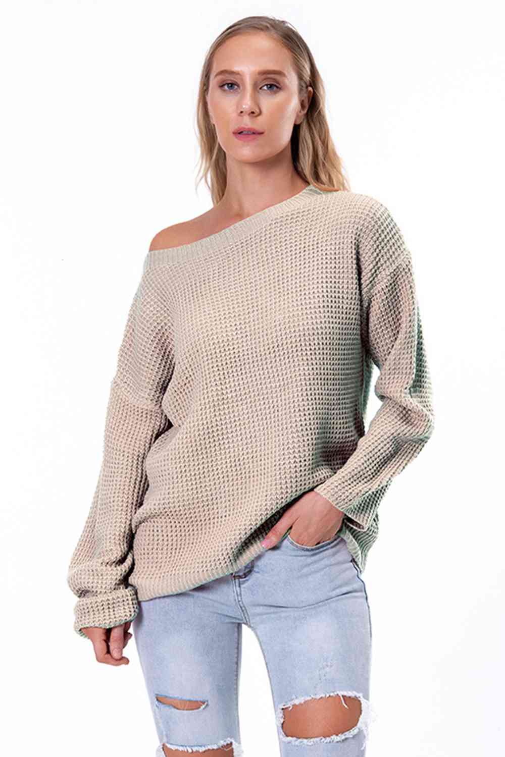 Boat Neck Drop Shoulder Long Sleeve Sweater BLUE ZONE PLANET