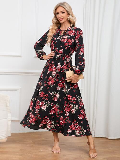 Floral Tie Front Balloon Sleeve Dress BLUE ZONE PLANET