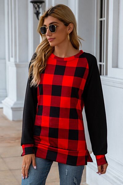 Plaid Round Neck Long Sleeve T-Shirt-TOPS / DRESSES-[Adult]-[Female]-Scarlet-S-2022 Online Blue Zone Planet