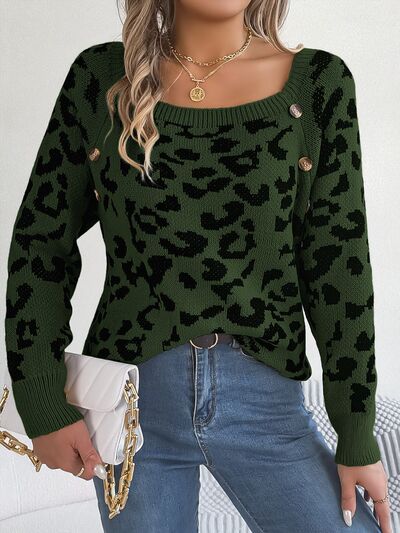 Leopard Buttoned Square Neck Sweater BLUE ZONE PLANET