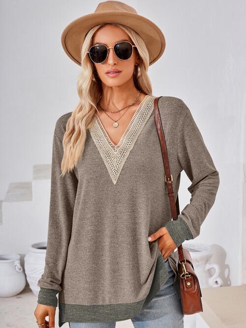 Crochet Contrast V-Neck Long Sleeve Slit T-Shirt BLUE ZONE PLANET