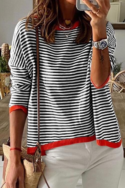 Striped Round Neck Drop Shoulder T-Shirt BLUE ZONE PLANET