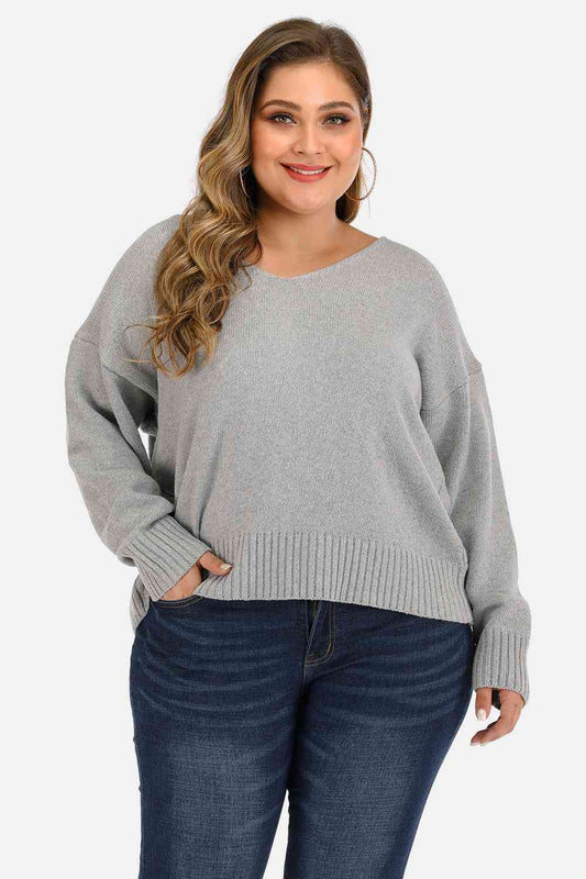 Plus Size V Neck Pullover Sweater BLUE ZONE PLANET