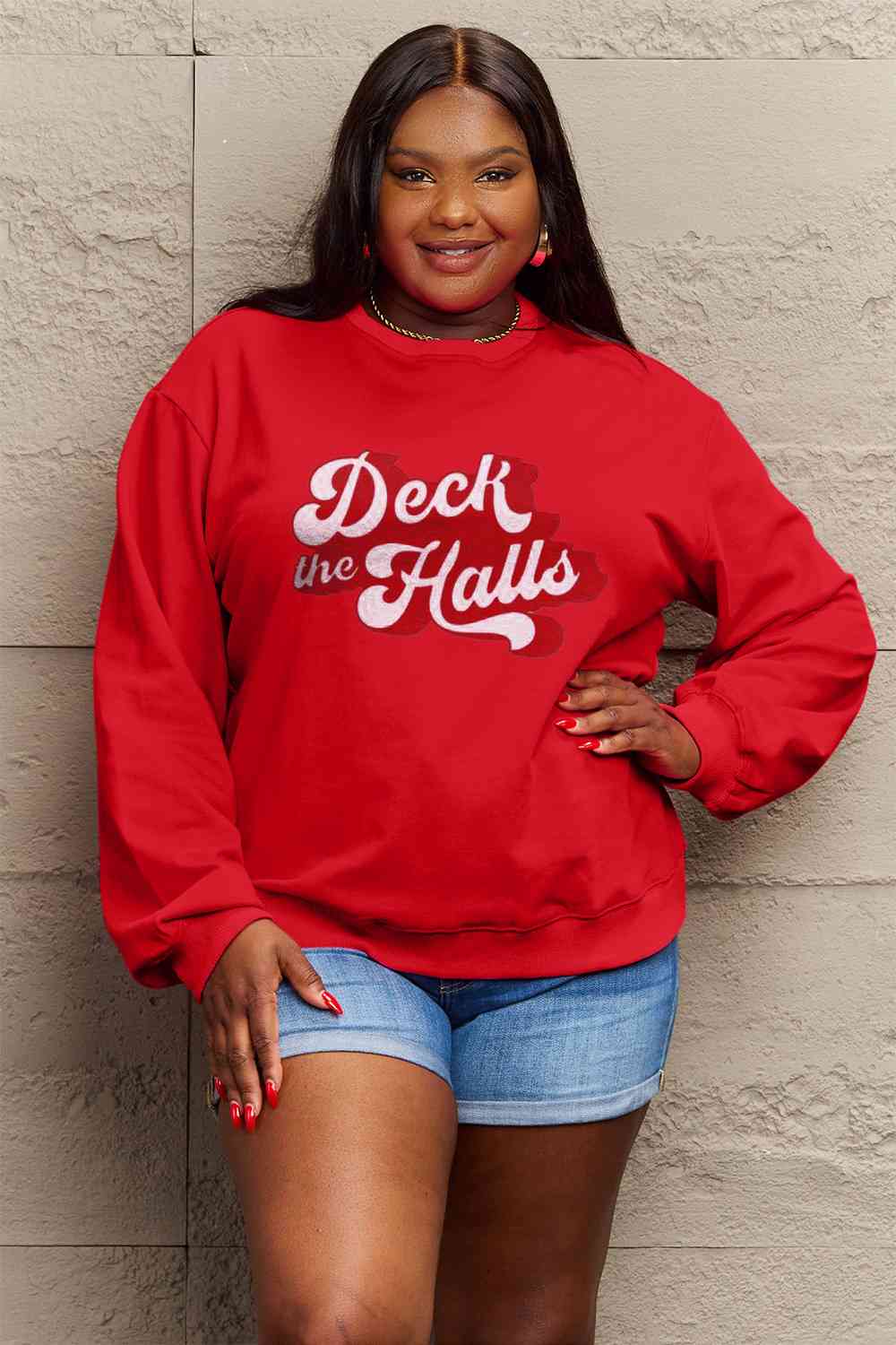 Simply Love Full Size DECK THE HALLS Graphic Sweatshirt BLUE ZONE PLANET