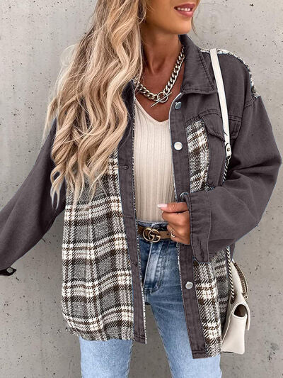 Plaid Button Up Dropped Shoulder Jacket BLUE ZONE PLANET