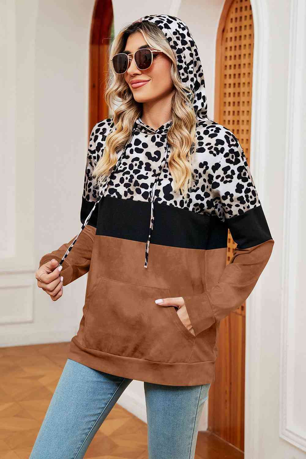 Leopard Drawstring Hoodie with Pocket BLUE ZONE PLANET