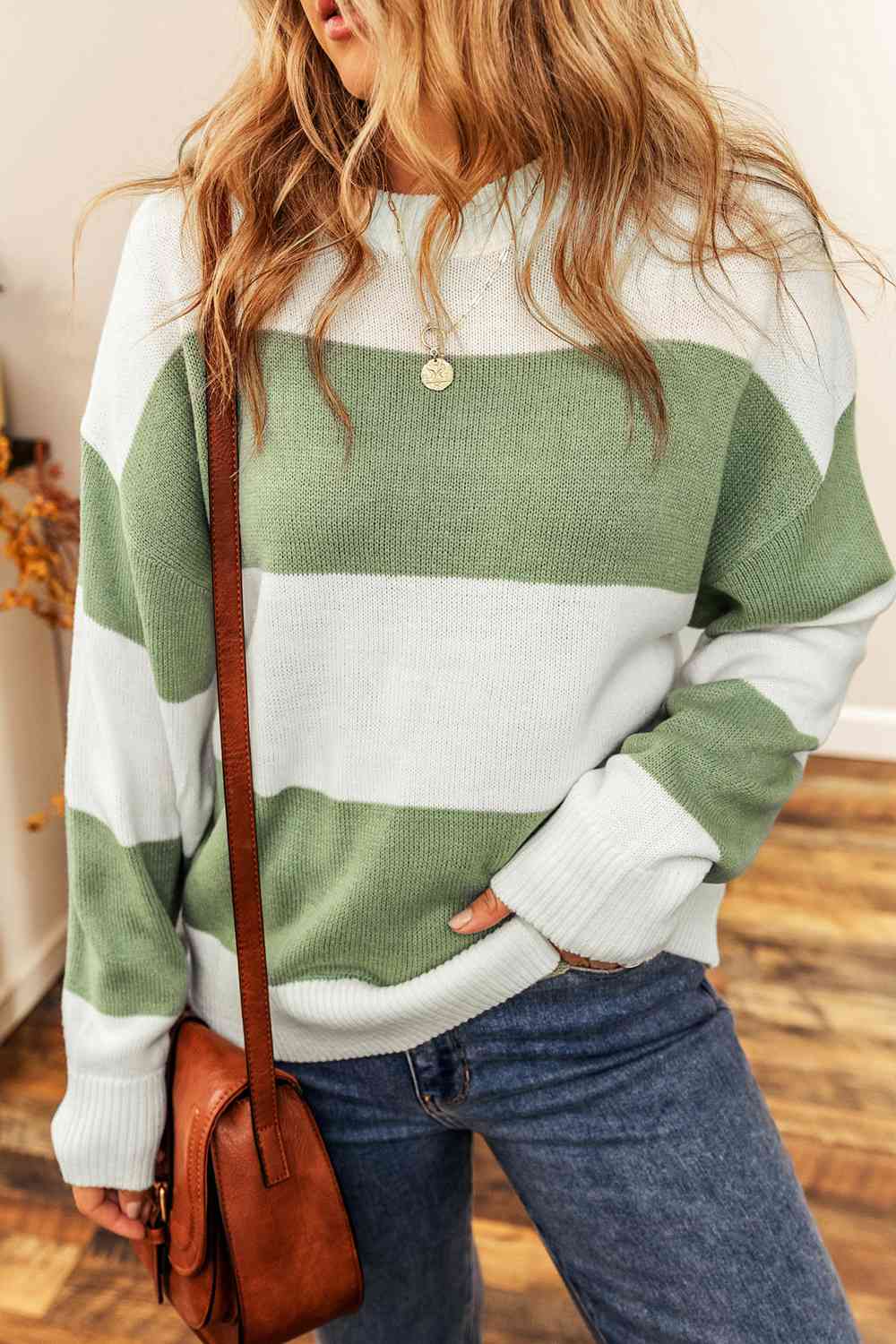 Color Block Round Neck Drop Shoulder Sweater BLUE ZONE PLANET