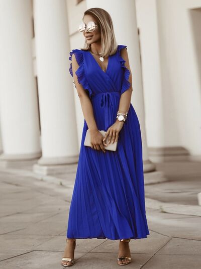 Blue Zone Planet |  Tied Surplice Cap Sleeve Pleated Dress BLUE ZONE PLANET