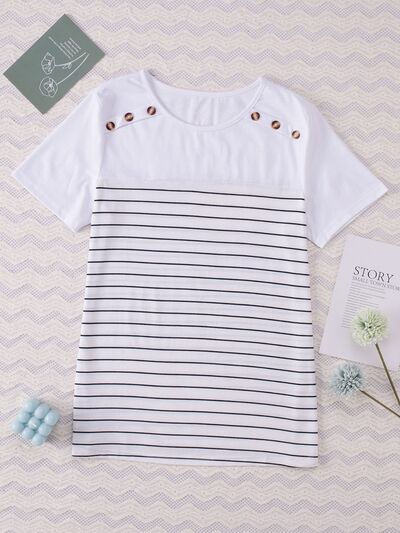 Blue Zone Planet |  Striped Round Neck Short Sleeve T-Shirt BLUE ZONE PLANET