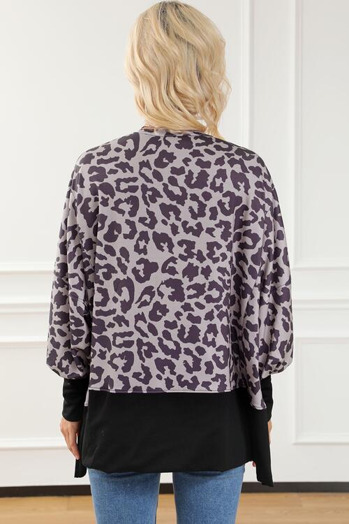 Leopard Round Neck Lantern Sleeve Slit Sweatshirt BLUE ZONE PLANET