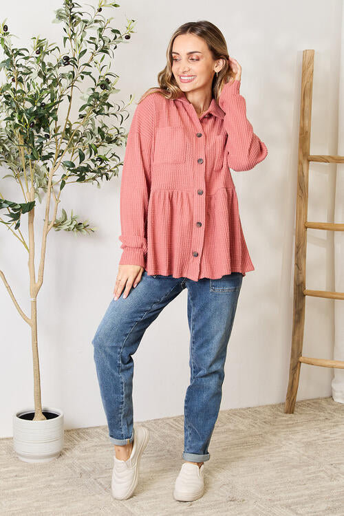 Heimish Full Size Waffle-Knit Button Down Blouse BLUE ZONE PLANET