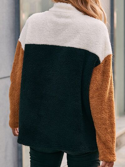 Color Block Quarter Zip Dropped Shoulder Sweatshirt Trendsi
