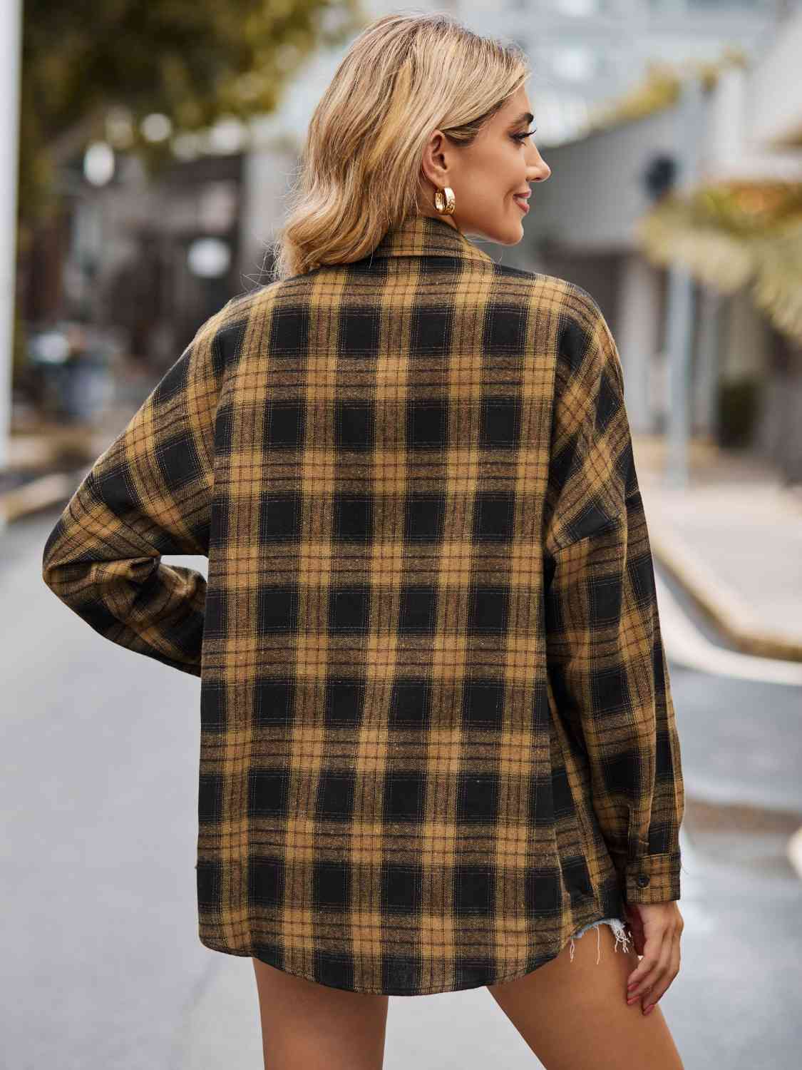 Plaid Collared Neck Button Down Jacket BLUE ZONE PLANET