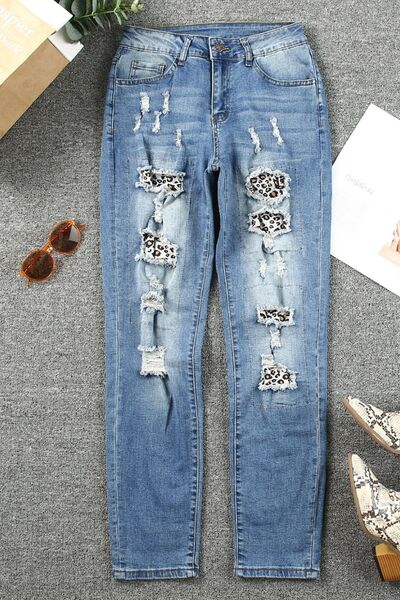 Leopard Distressed Pocketed Straight Jeans BLUE ZONE PLANET