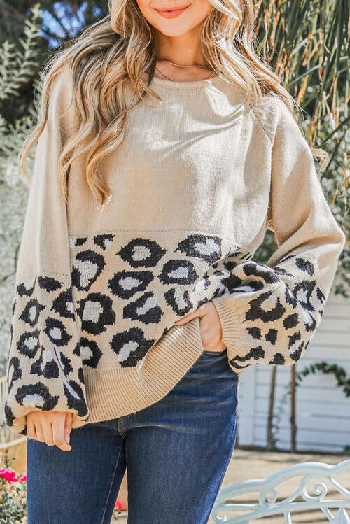 Round Neck Leopard Print Stitched Long-Sleeved Sweater BLUE ZONE PLANET