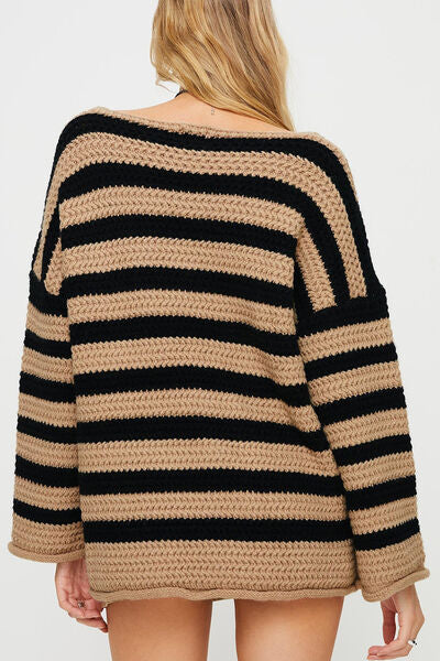 Striped Round Neck Dropped Shoulder Sweater-TOPS / DRESSES-[Adult]-[Female]-2022 Online Blue Zone Planet