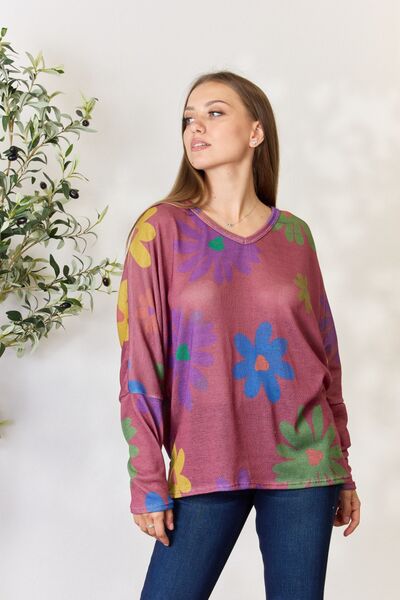 Hopely Full Size Floral V-Neck Long Sleeve Top BLUE ZONE PLANET