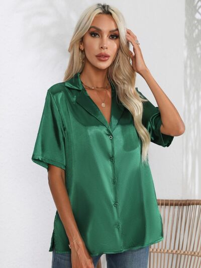 Button Up Collared Neck Shirt-TOPS / DRESSES-[Adult]-[Female]-Green-S-2022 Online Blue Zone Planet