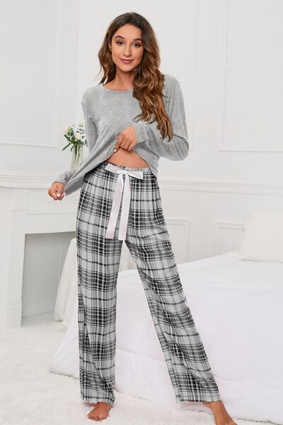 Blue Zone Planet |  Round Neck Long Sleeve Top and Bow Plaid Pants Lounge Set BLUE ZONE PLANET