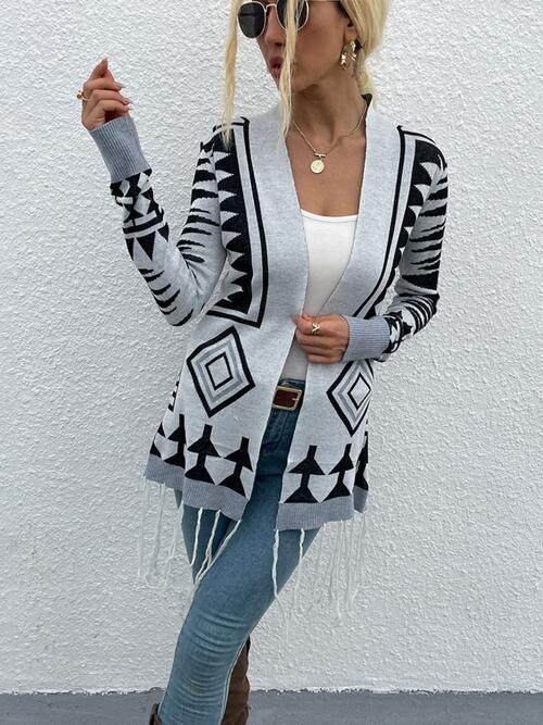 Geometric Fringe Hem Open Front Cardigan BLUE ZONE PLANET