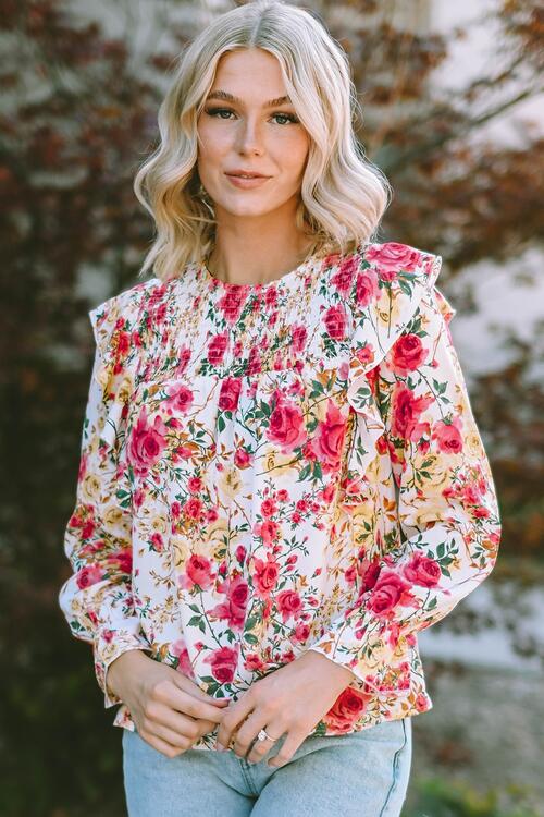 Floral Round Neck Smocked Blouse BLUE ZONE PLANET