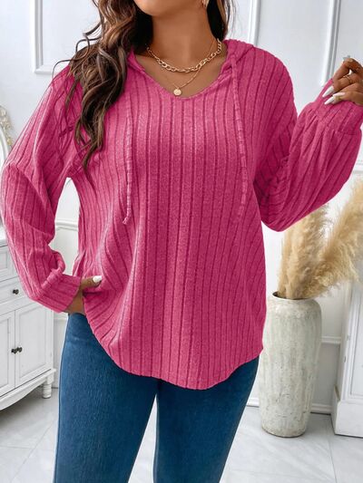 Plus Size Drawstring Dropped Shoulder Hooded T-Shirt-TOPS / DRESSES-[Adult]-[Female]-Deep Rose-1XL-2022 Online Blue Zone Planet