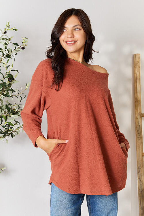 BOMBOM Drop Shoulder Long Sleeve Blouse with Pockets BLUE ZONE PLANET