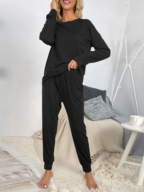 Round Neck Top and Drawstring Pants Lounge Set BLUE ZONE PLANET