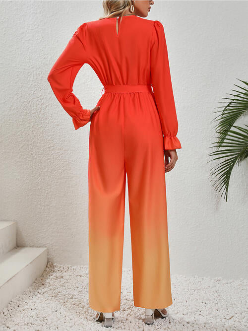 Gradient Tie Front Flounce Sleeve Jumpsuit BLUE ZONE PLANET