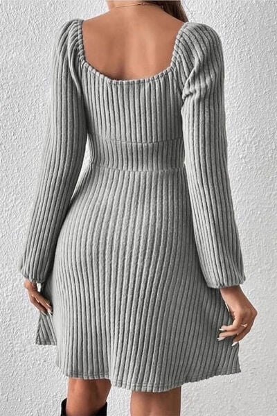 Ribbed Tied Square Neck Long Sleeve Mini Dress BLUE ZONE PLANET