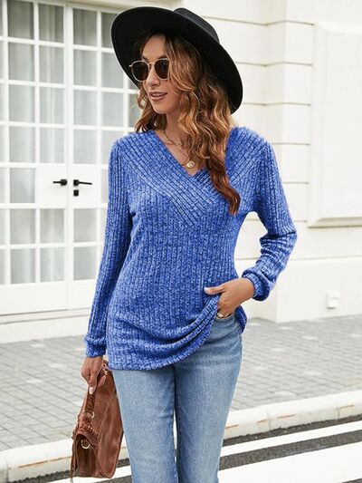 Ribbed Surplice Long Sleeve T-Shirt-TOPS / DRESSES-[Adult]-[Female]-Royal Blue-S-2022 Online Blue Zone Planet