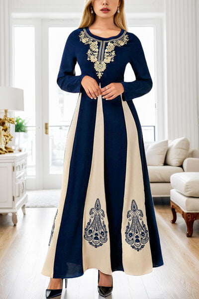 Printed Round Neck Long Sleeve Maxi Dress-TOPS / DRESSES-[Adult]-[Female]-Navy-S-2022 Online Blue Zone Planet