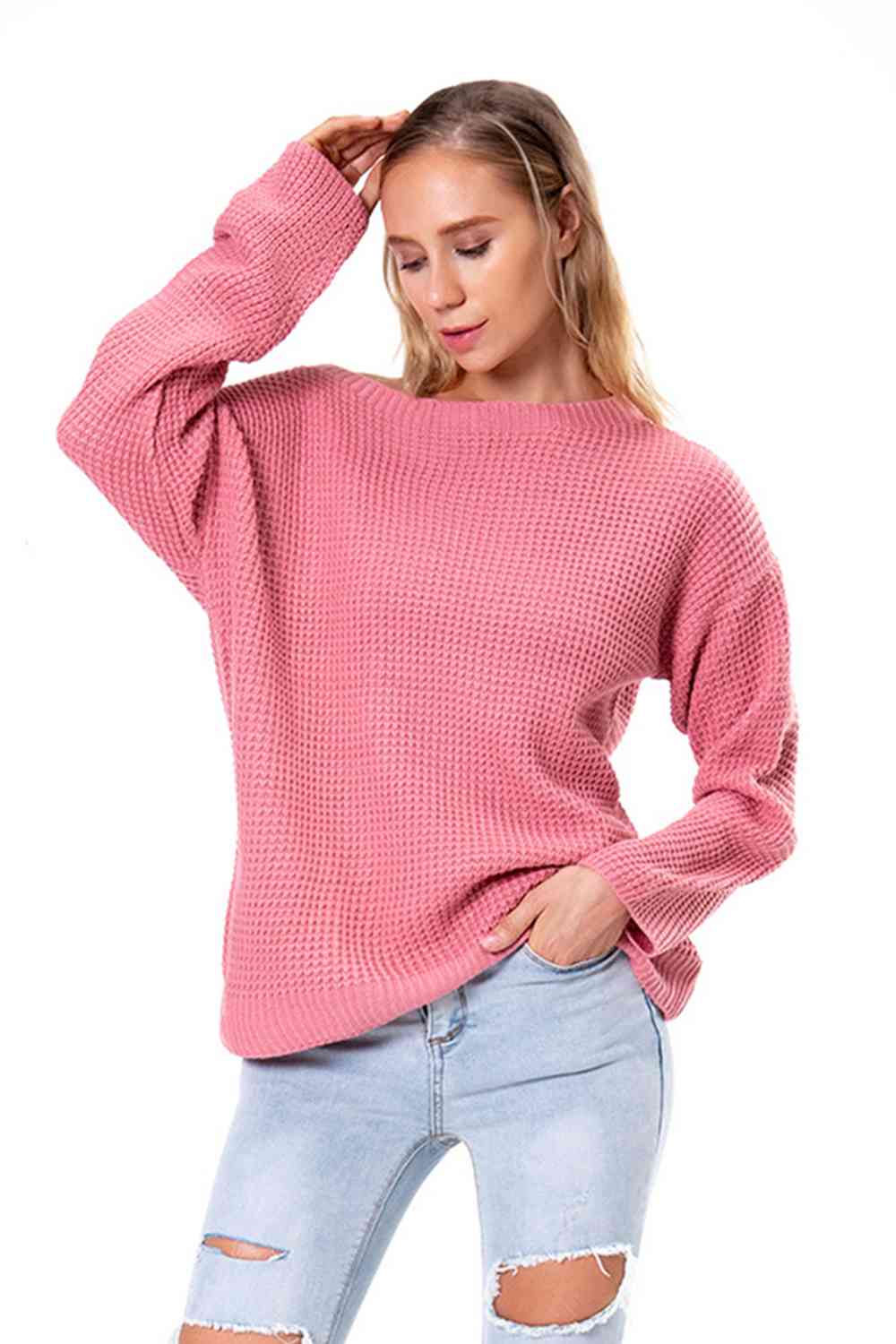 Boat Neck Drop Shoulder Long Sleeve Sweater BLUE ZONE PLANET