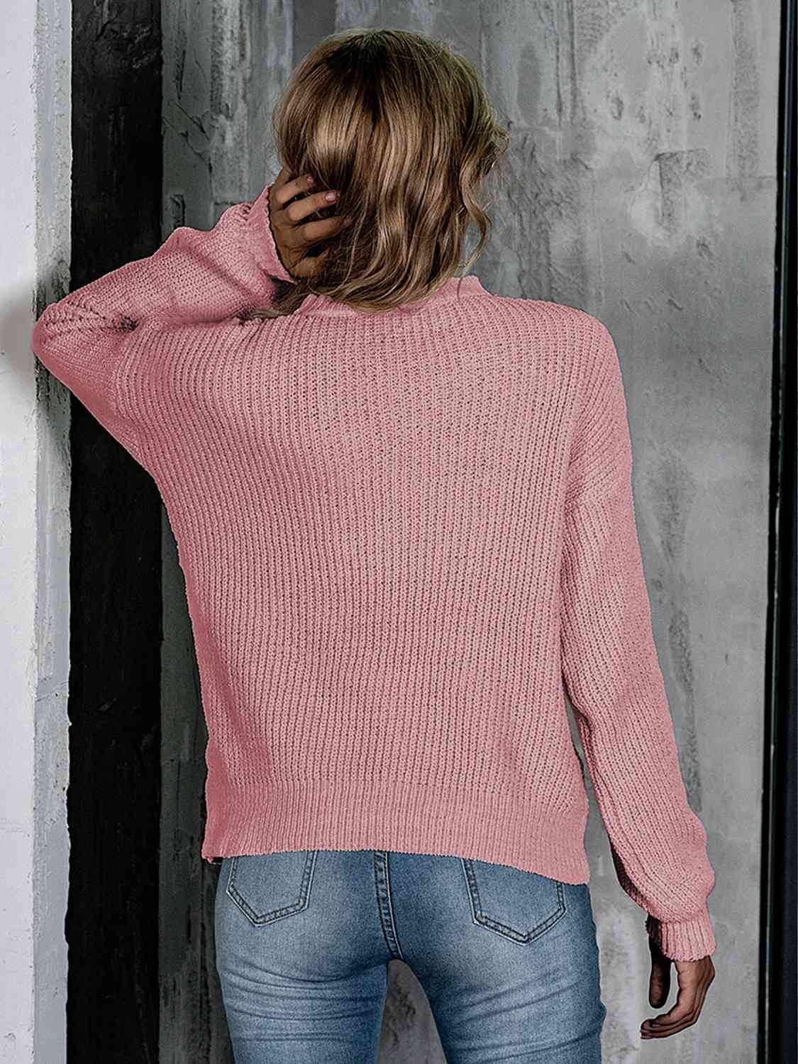 Openwork Mock Neck Long Sleeve Sweater BLUE ZONE PLANET