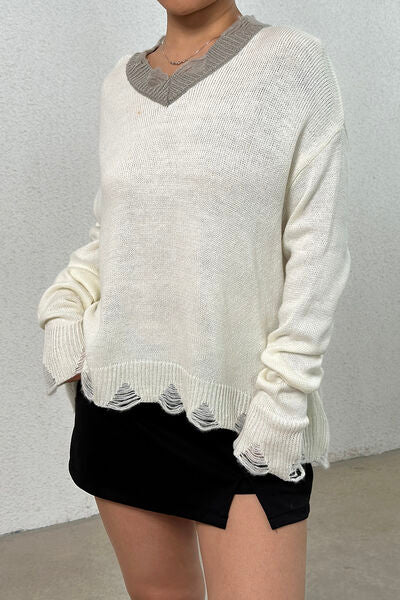 Distressed V-Neck Dropped Shoulder Sweater Trendsi