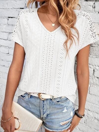 Eyelet V-Neck Short Sleeve T-Shirt Trendsi